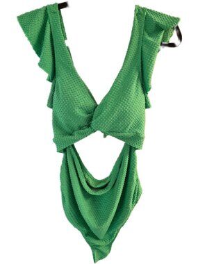 Green Swiss Dot Cutout Monokini One Piece Swimsuit Ruffle Slv Textured XL GUC
